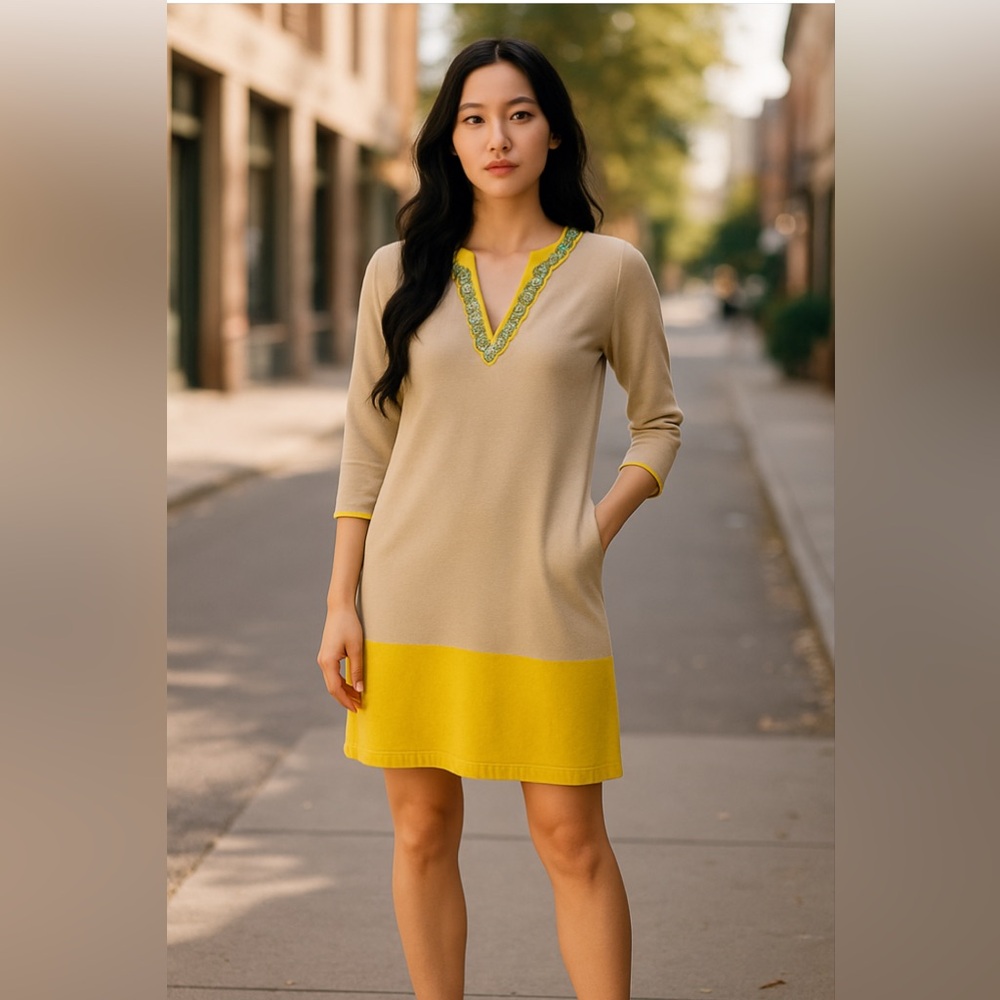 BCBGMaxAzria Yellow and Cream Sweater Tunic with Beaded Detail
